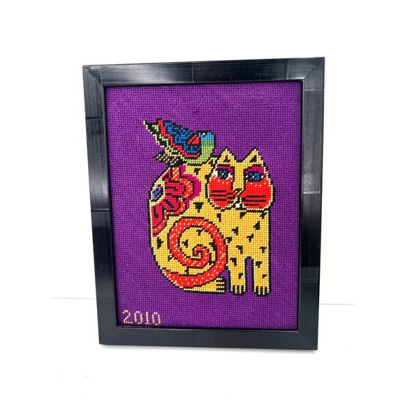 Laurel Burch design framed needle art cat and bird - Picture 1 of 3